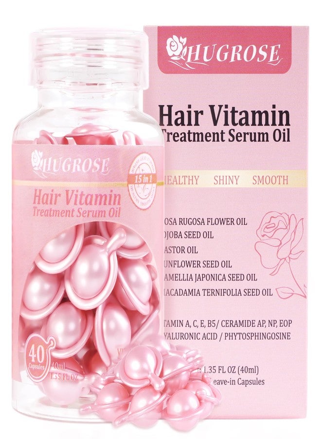 HUGROSE Hair Treatment Serum 40 Capsules, Hair Vitamins A C E Pro B5 - Hair Serum for Frizzy and Damaged Hair, Hair Oil with Rosa Rugosa Flower, Jojoba & Macadamia Seed - Leave in Conditioner for Women & Men - Image 1